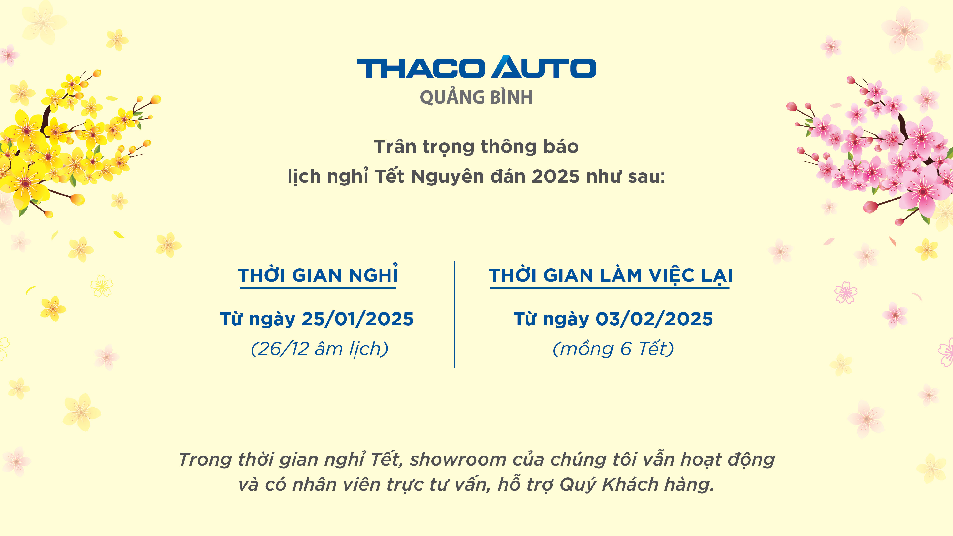 Thông báo lịch nghỉ tết nguyên đán của THACO AUTO Quảng Bình